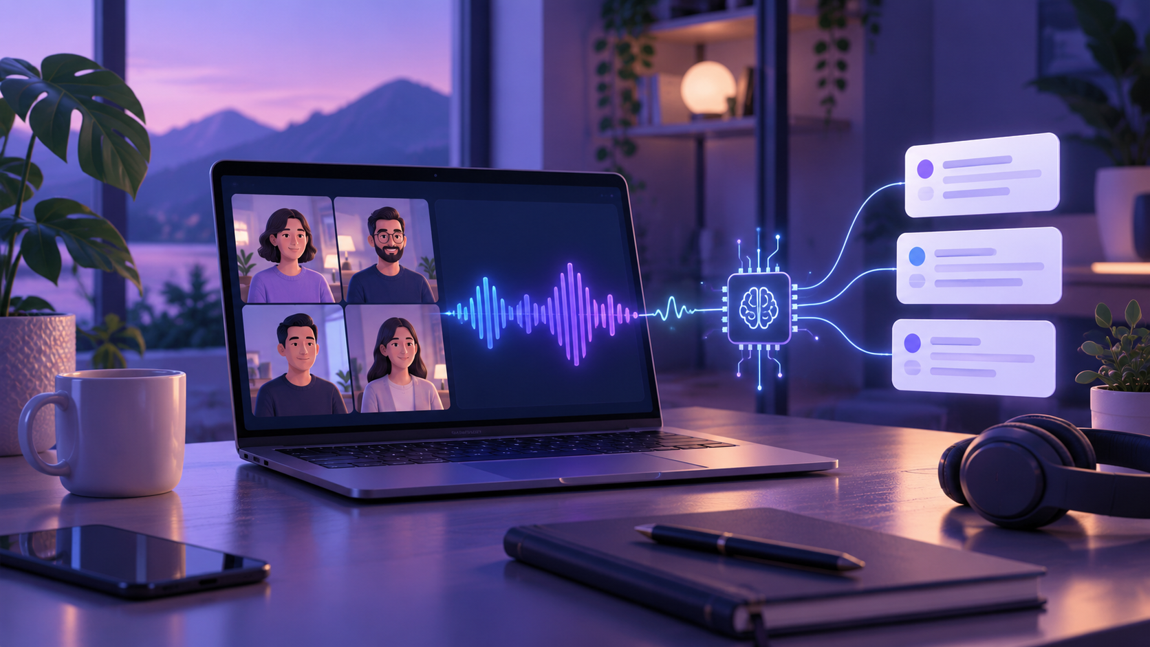 Ilustración de Meetily transcribiendo una videollamada y resumiéndola con IA local