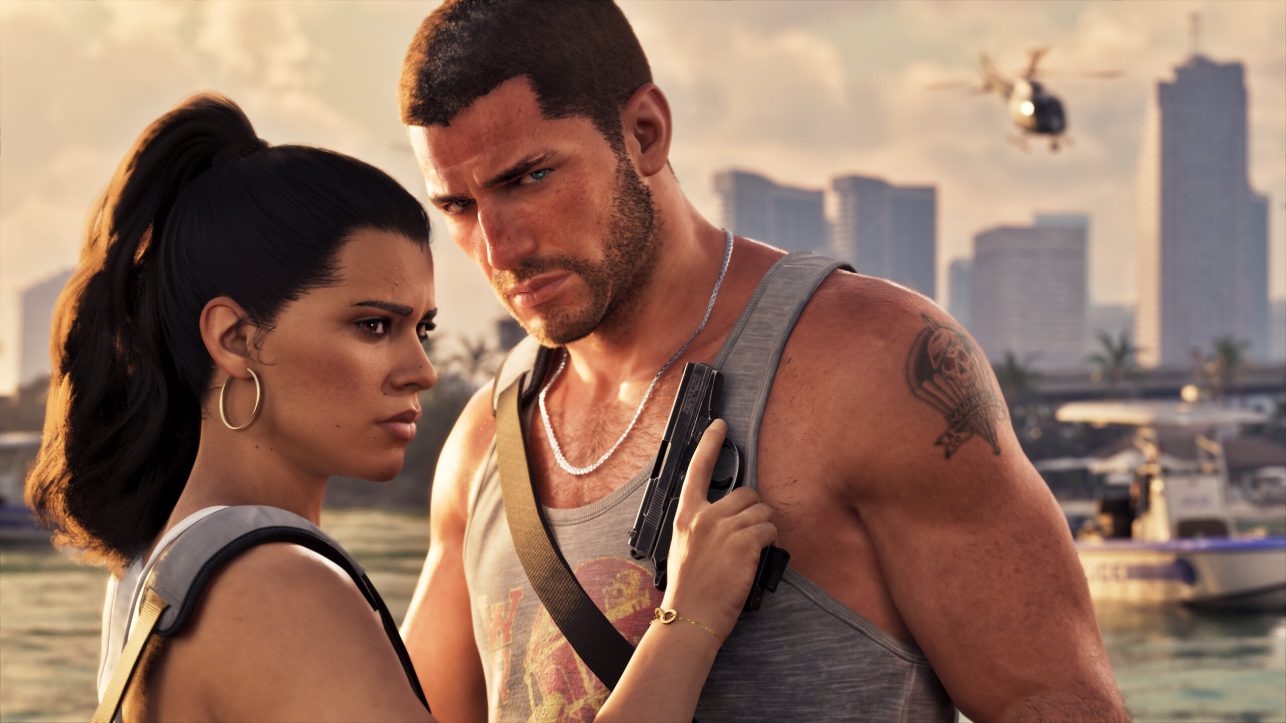 Jason Duval y Lucia Caminos junto al puerto de Vice City en una captura oficial de GTA VI