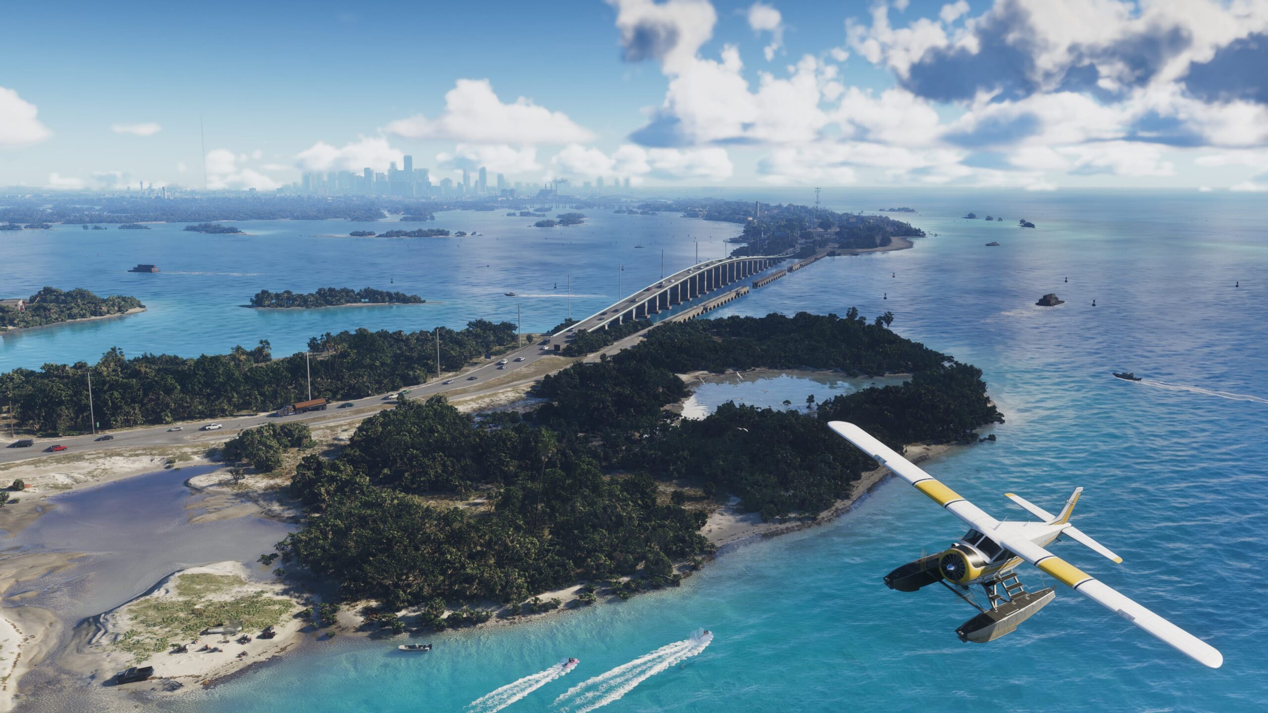 Vista aérea de Leonida Keys con islas, puentes, embarcaciones y un hidroavión en GTA VI