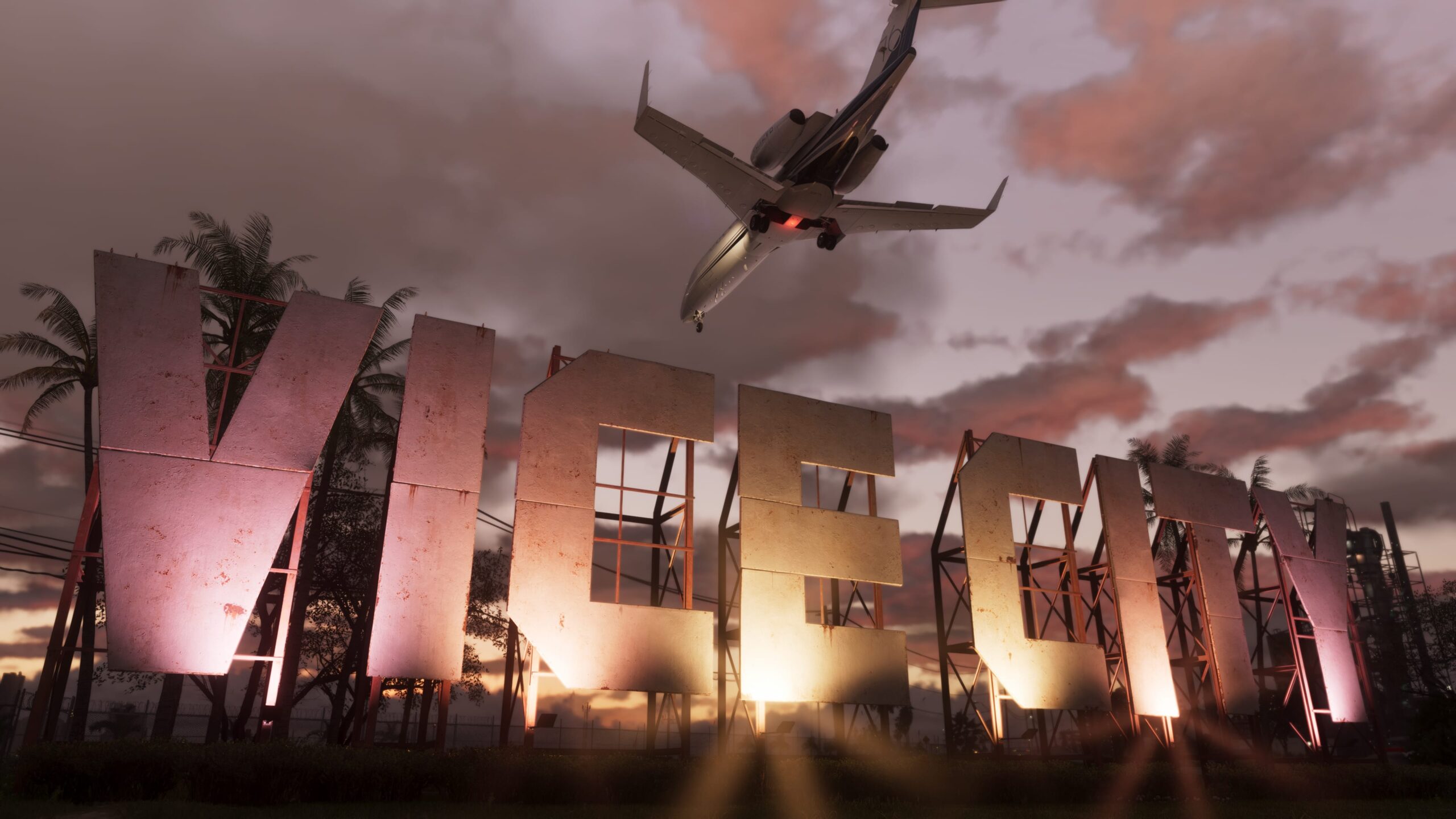 Cartel de Vice City y un avión al atardecer en GTA VI